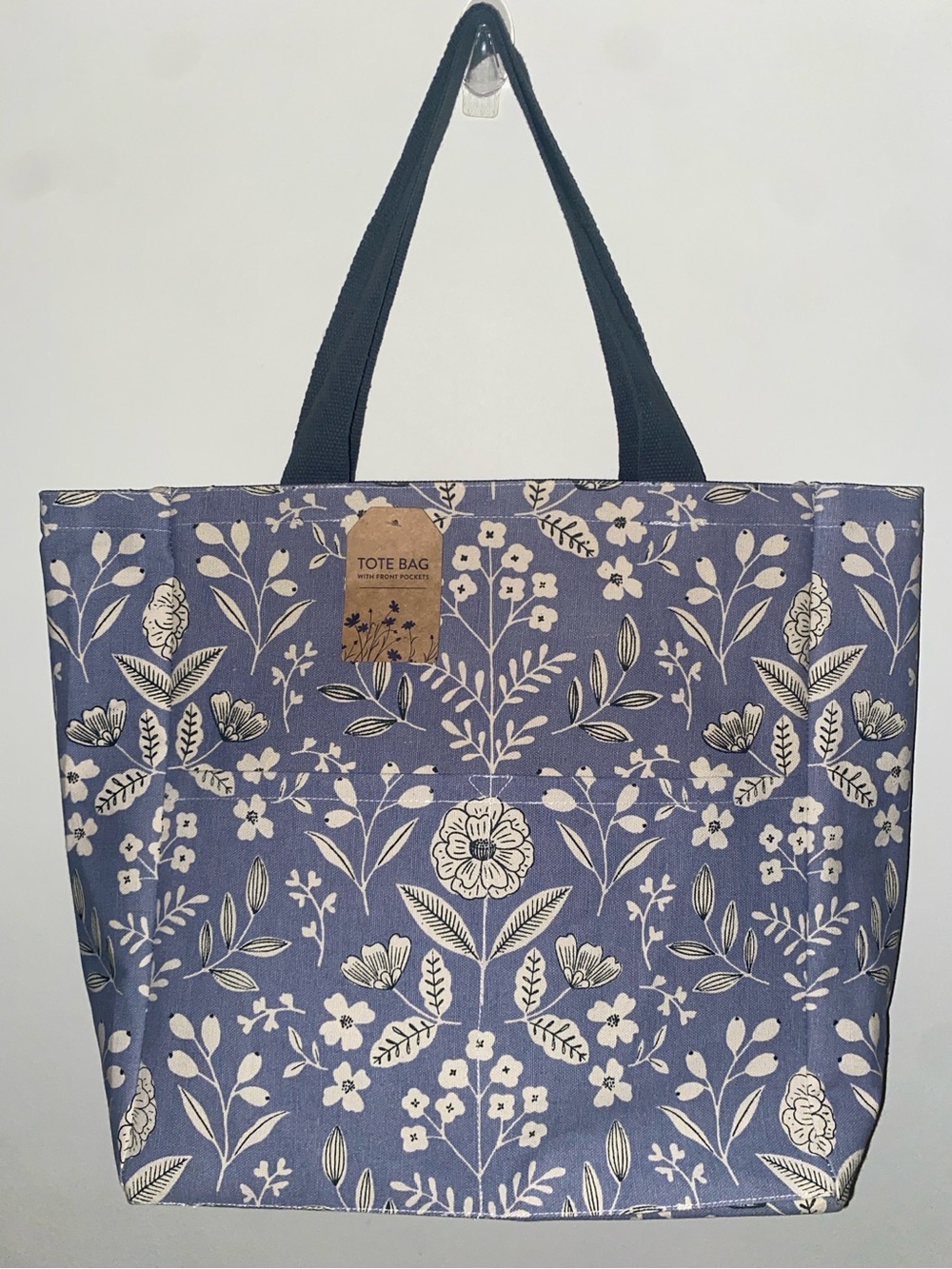 ECCOLO Blue Floral Canvas Tote Bag with Front Pockets